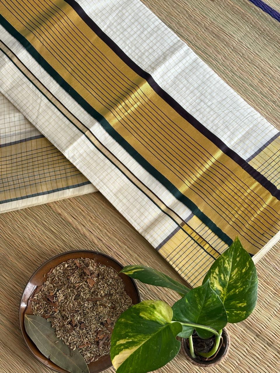 Authentic Balaramapuram Cotton Saree – Brown & Green Kara with Golden Stripe Pure Kerala tradition in every thread