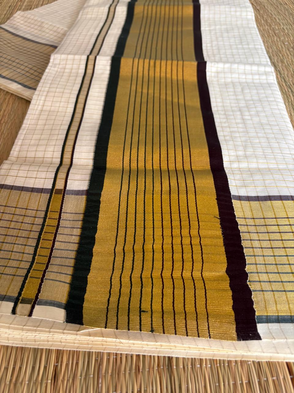 Authentic Balaramapuram Cotton Saree – Brown & Green Kara with Golden Stripe Pure Kerala tradition in every thread