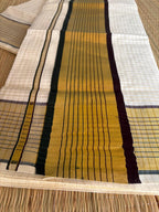 Authentic Balaramapuram Cotton Saree – Brown & Green Kara with Golden Stripe Pure Kerala tradition in every thread