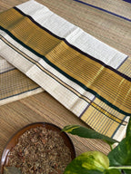 Authentic Balaramapuram Cotton Saree – Brown & Green Kara with Golden Stripe Pure Kerala tradition in every thread
