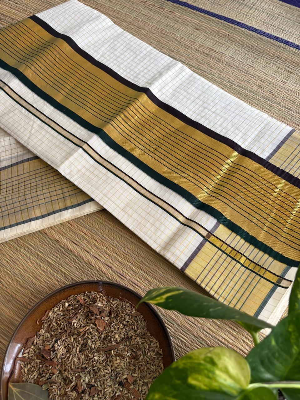 Authentic Balaramapuram Cotton Saree – Brown & Green Kara with Golden Stripe Pure Kerala tradition in every thread