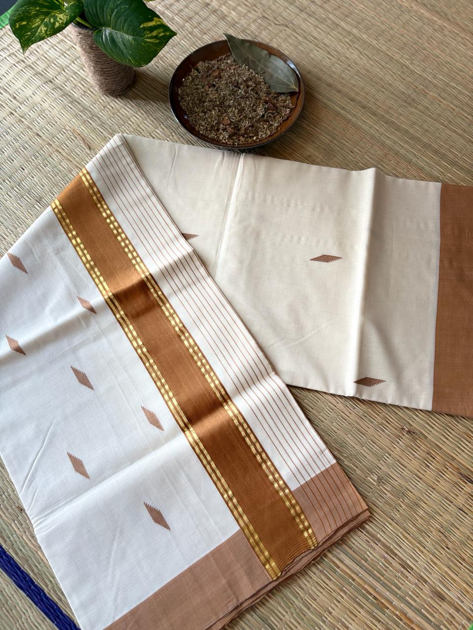 Original Balaramapuram Handloom Unakkupavu Saree, Elegant light brown border | Pure tradition | Limited stock available!