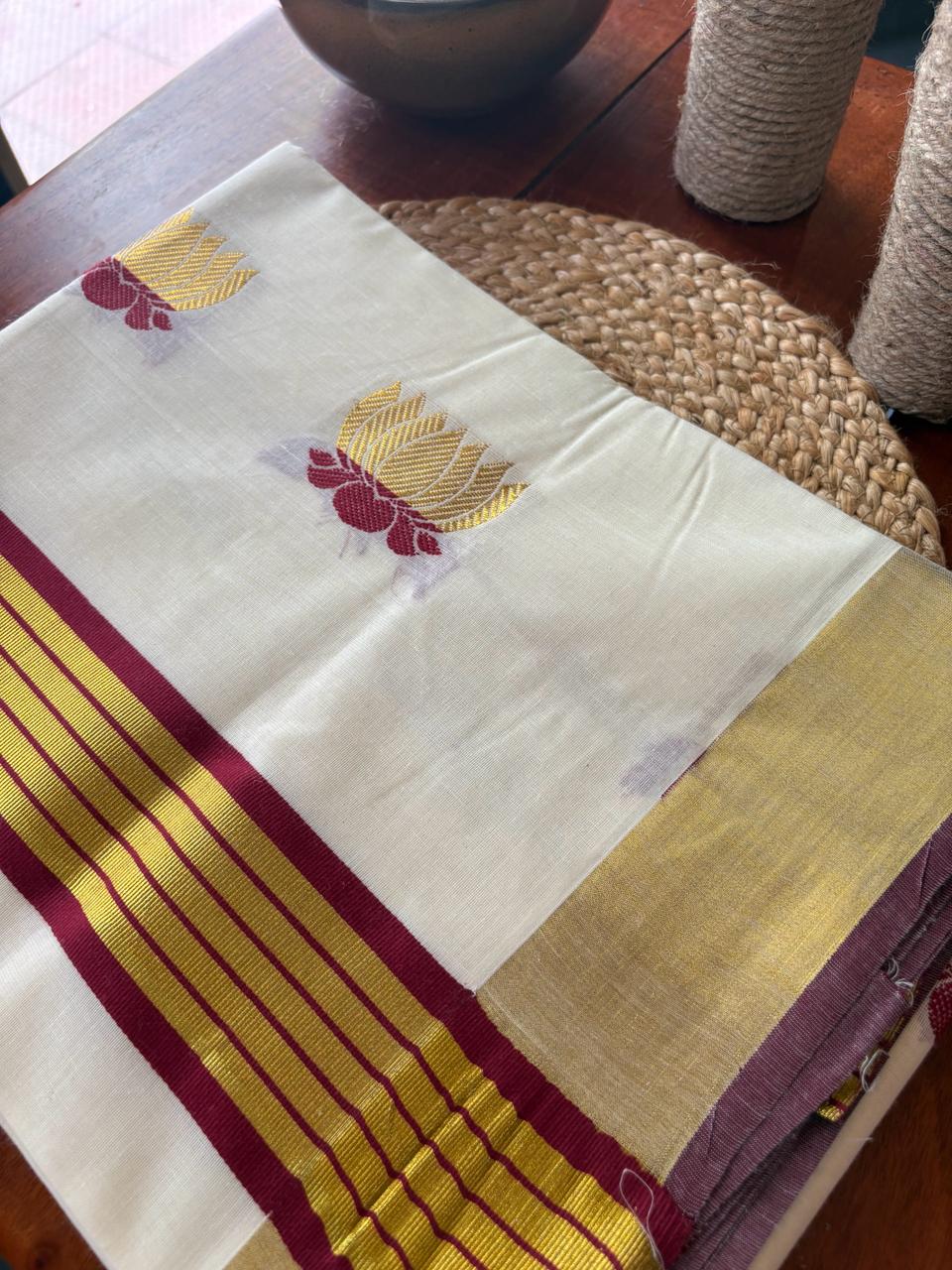 Now available – Pure Balaramapuram cotton saree with stunning maroon lotus design