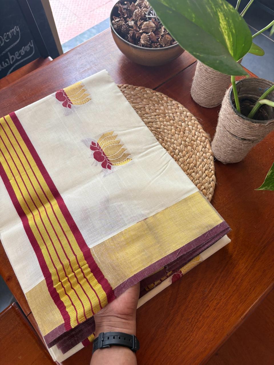 Now available – Pure Balaramapuram cotton saree with stunning maroon lotus design