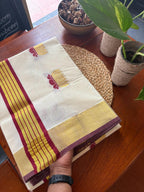 Now available – Pure Balaramapuram cotton saree with stunning maroon lotus design