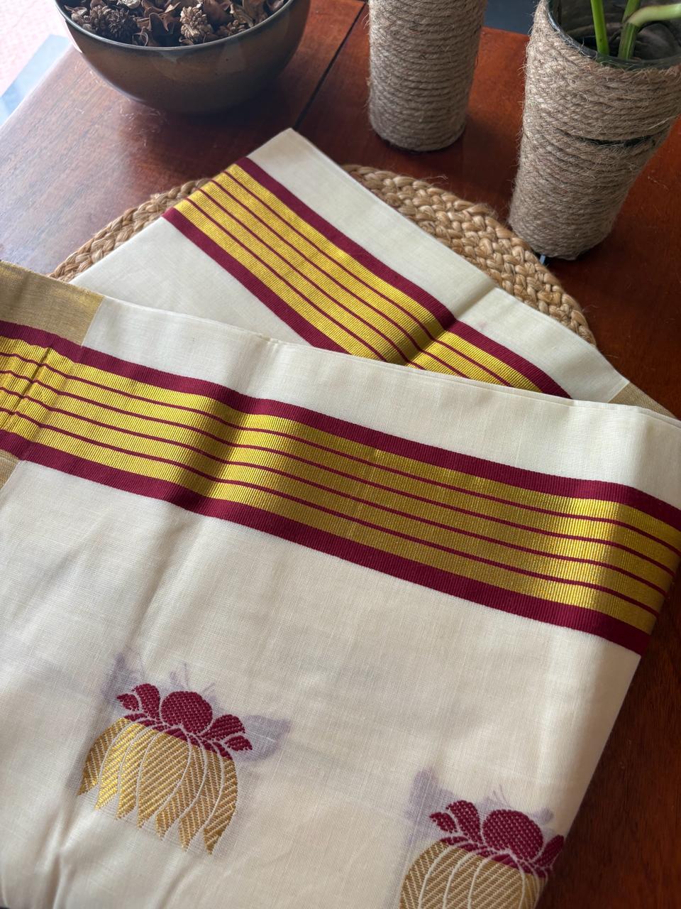 Now available – Pure Balaramapuram cotton saree with stunning maroon lotus design