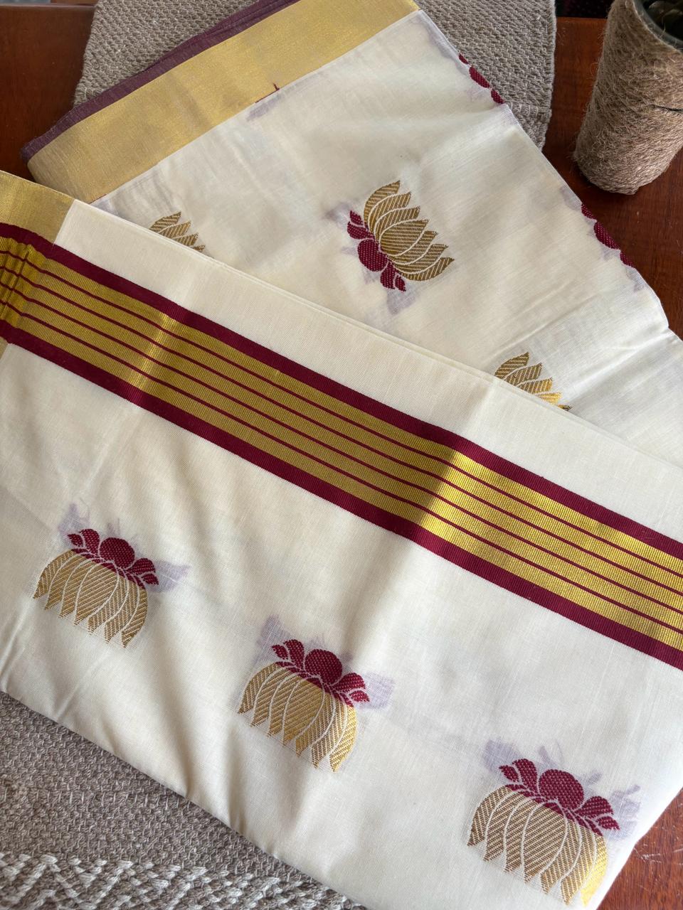 Now available – Pure Balaramapuram cotton saree with stunning maroon lotus design