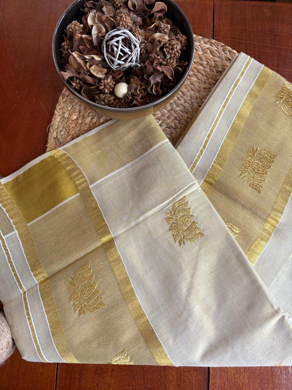 New Arrival Tissue Cotton Kasavu Lotus Design – Grab yours now!