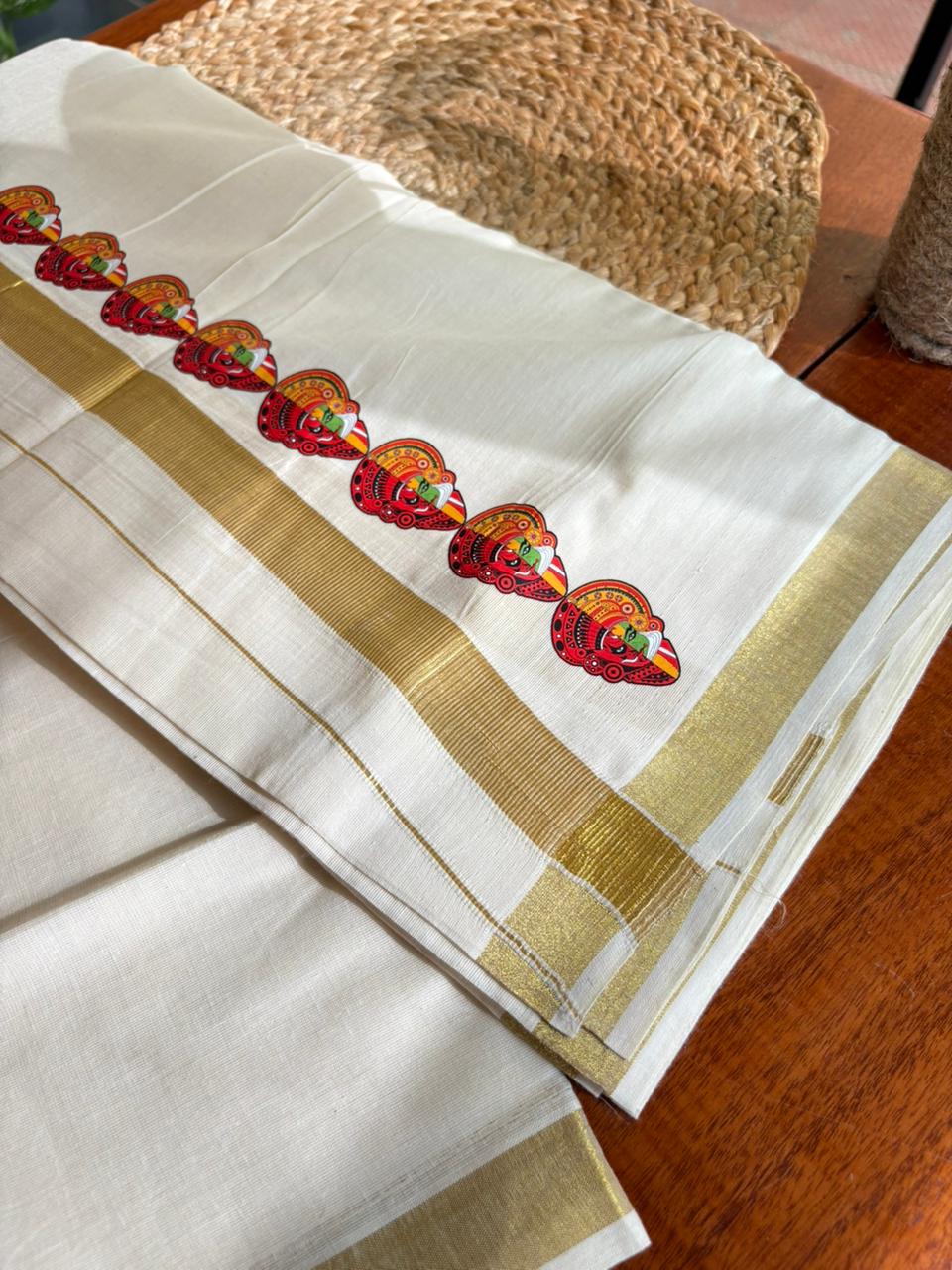 Authentic Balaramapuram theyyam & Kathakali print mundu with elegant Kasav border