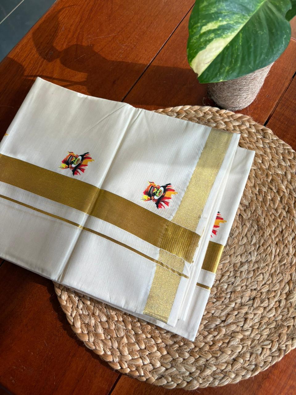 Kathakali Kasavu Mundu – classic, cultural, and elegant. Pure traditional finish from Balaramapuram. Grab yours before it’s sold out!