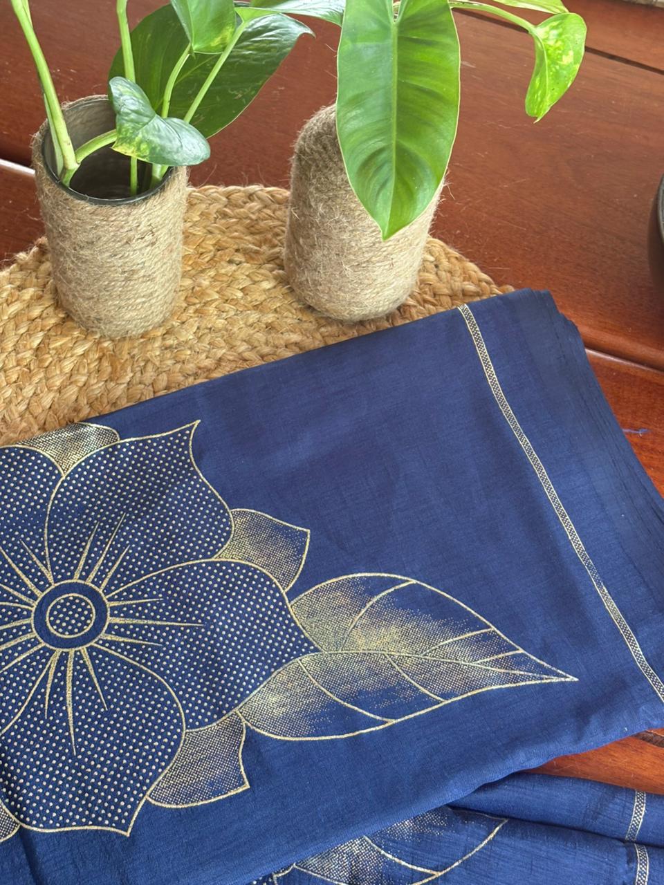 Beautiful navy blue saree with stunning golden flower design, Perfect for festive wear, functions & special occasions