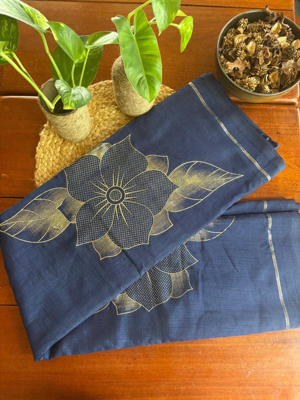 Beautiful navy blue saree with stunning golden flower design, Perfect for festive wear, functions & special occasions