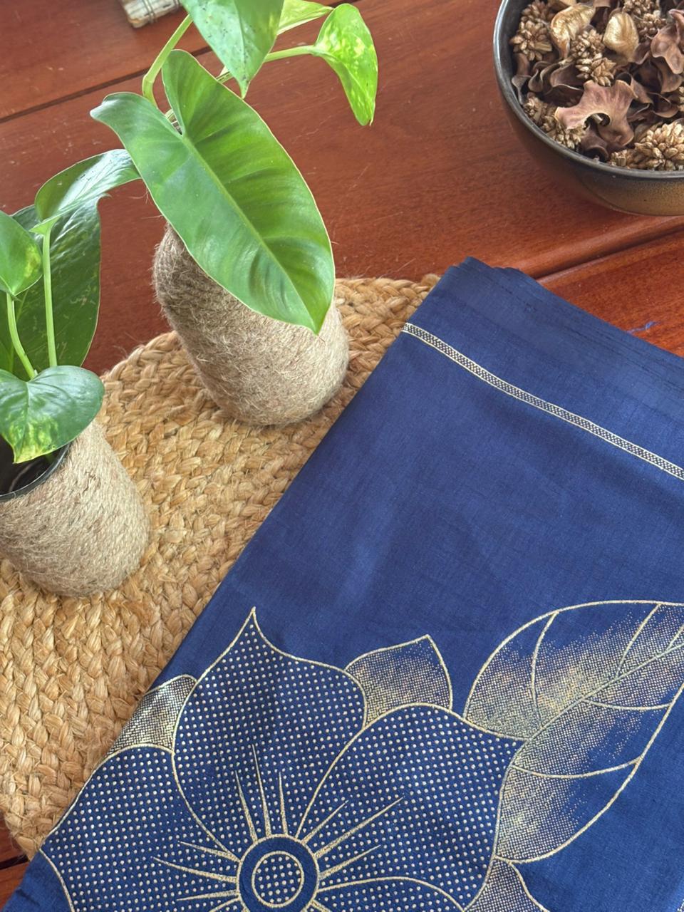 Beautiful navy blue saree with stunning golden flower design, Perfect for festive wear, functions & special occasions