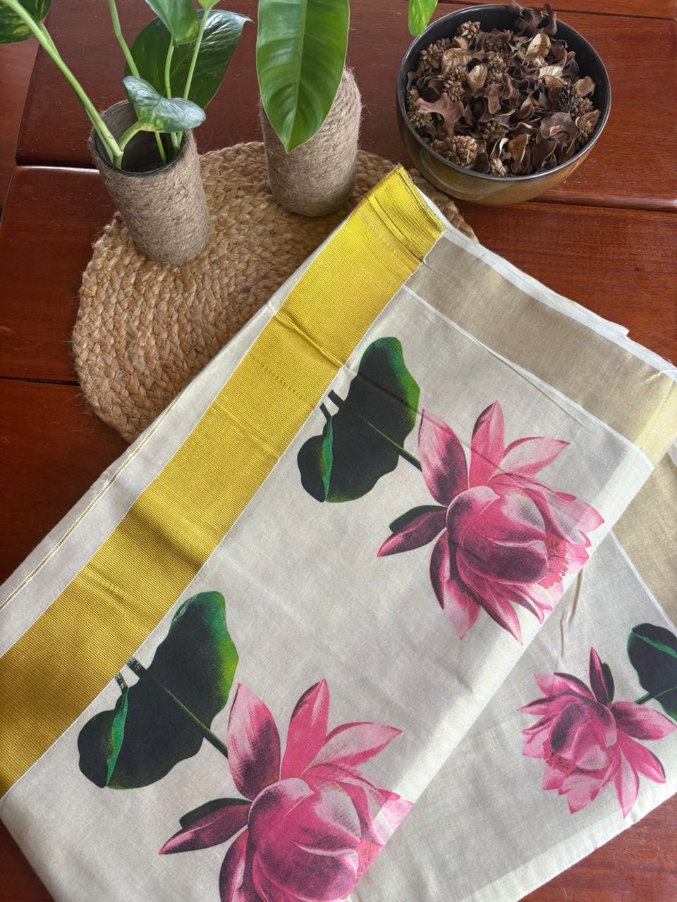 Original Balaramapuram tissue cotton saree Hand-painted lotus design