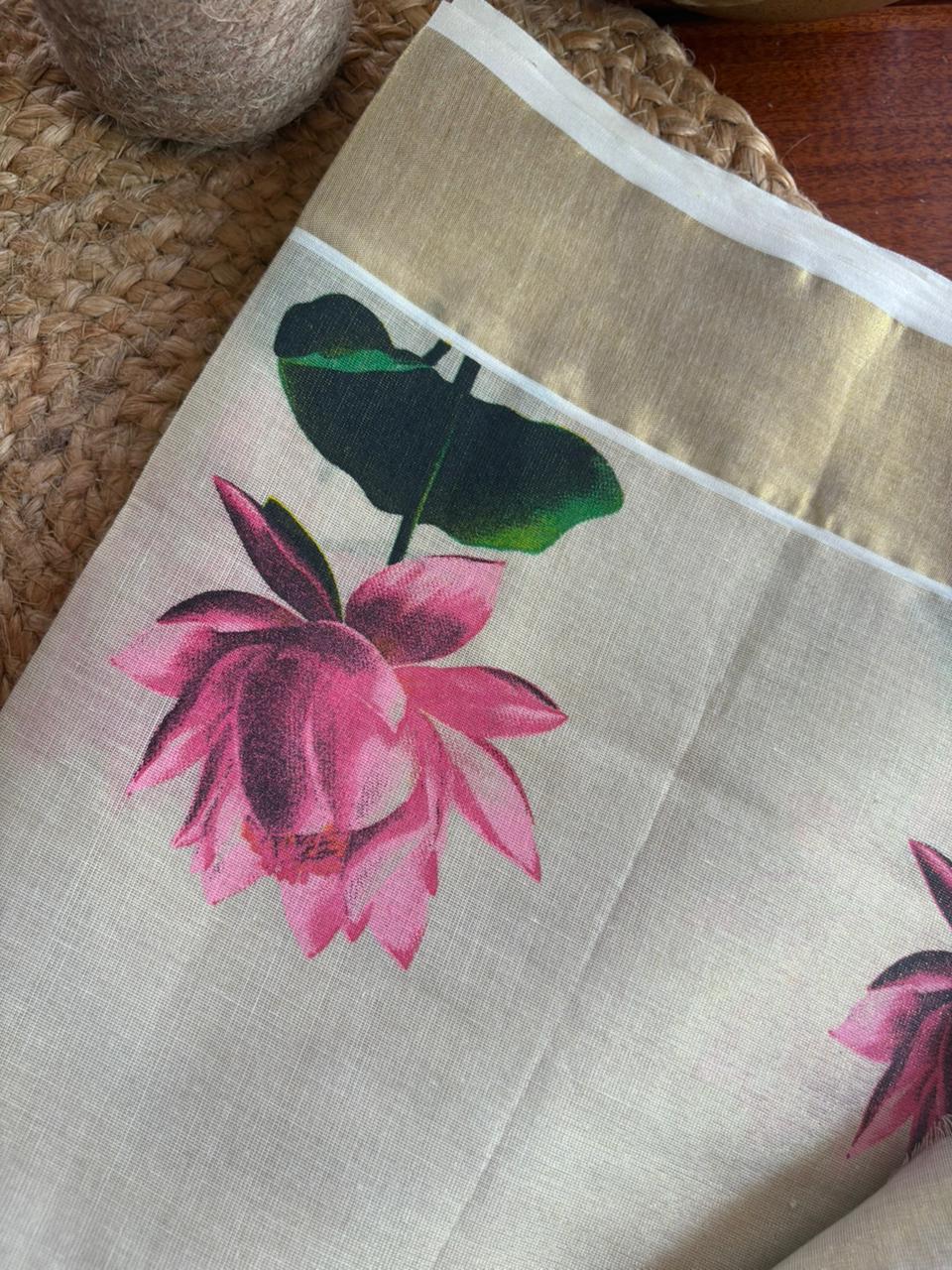 Original Balaramapuram tissue cotton saree Hand-painted lotus design