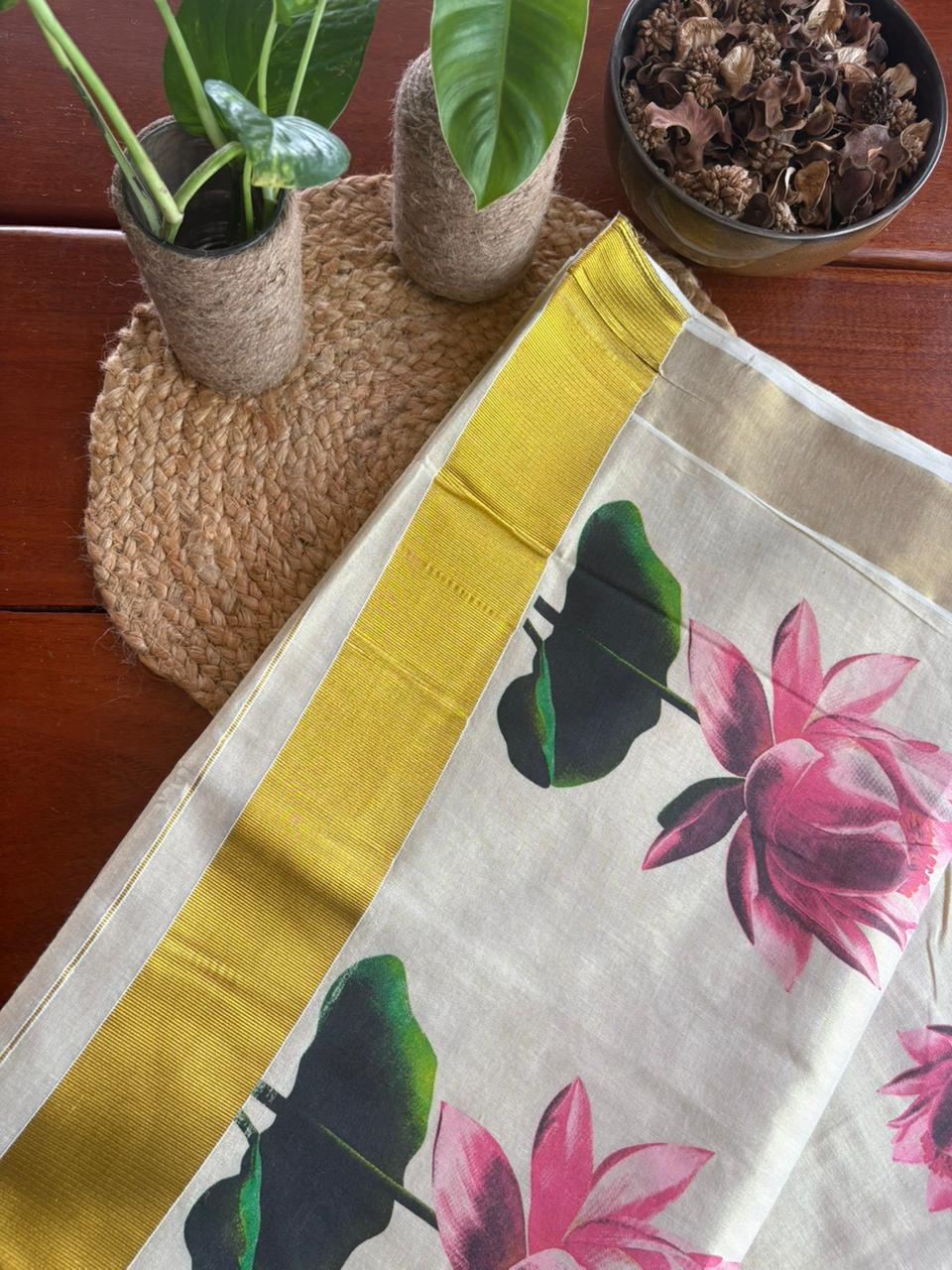 Original Balaramapuram tissue cotton saree Hand-painted lotus design